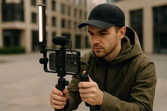 Profissional Videomaker utilizando câmera profissional durante uma gravação, representando o trabalho de captação de imagens e produção audiovisual.