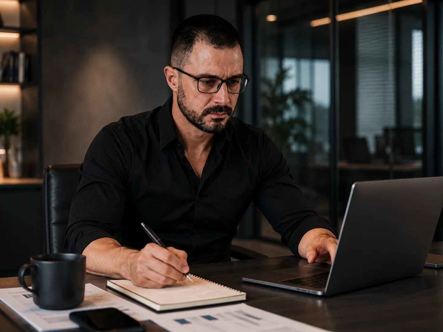 Profissional de Social Media trabalhando em sua mesa, em frente ao notebook, realizando atividades de planejamento e gestão de redes sociais.